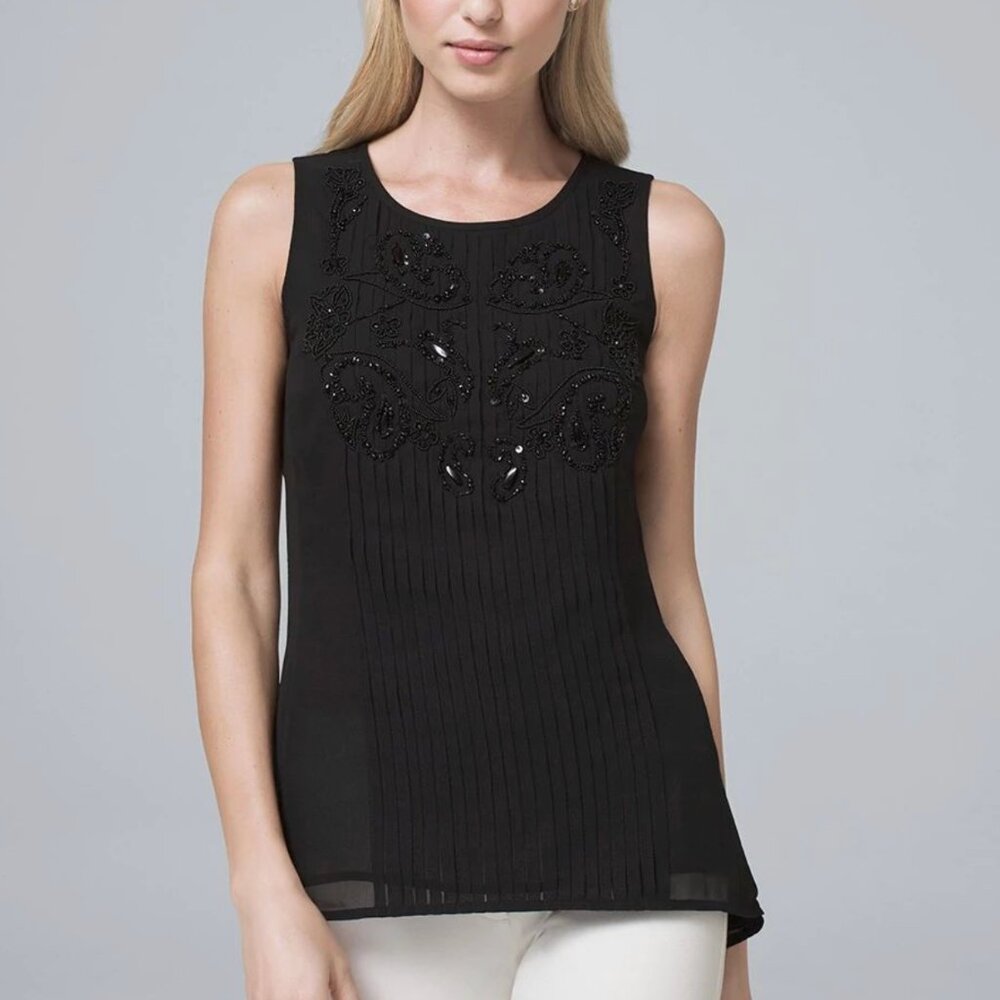 White House Black Market beaded women's black tank top size 6 NWT